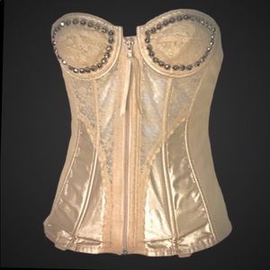 *MUST BUNDLE FOR 5+ ITEMS*VTG ZIP FRONT V-BACK CORSET BONED STUDS GARTER HOOKS